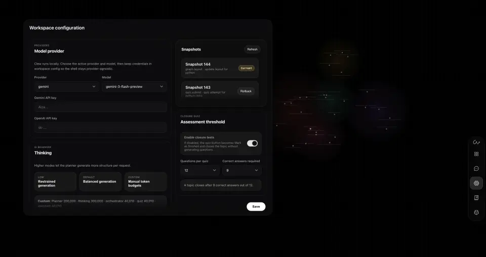 Clew workspace settings