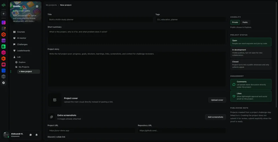 HackCode learner project creation