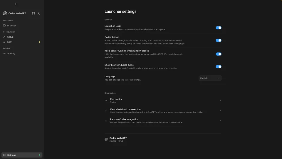 Codex Web GPT launcher settings